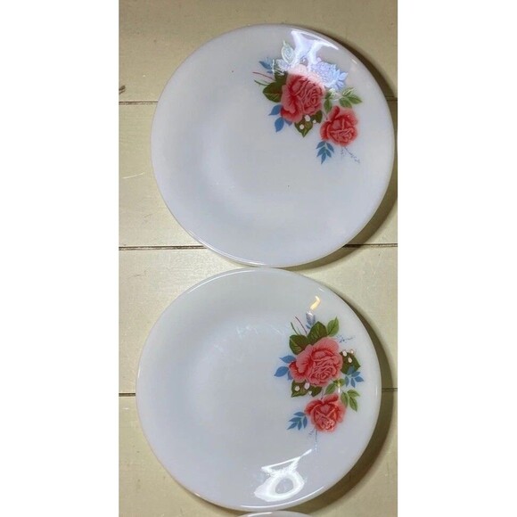 Set Of 2 JAJ Pyrex Cottage Rose Bread & Butter Plate Milk Glass 6.5in Retro Vtg - Picture 2 of 5
